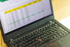 Shot of an excel sheet on computer screen showing bank loan amortization table. Accounting